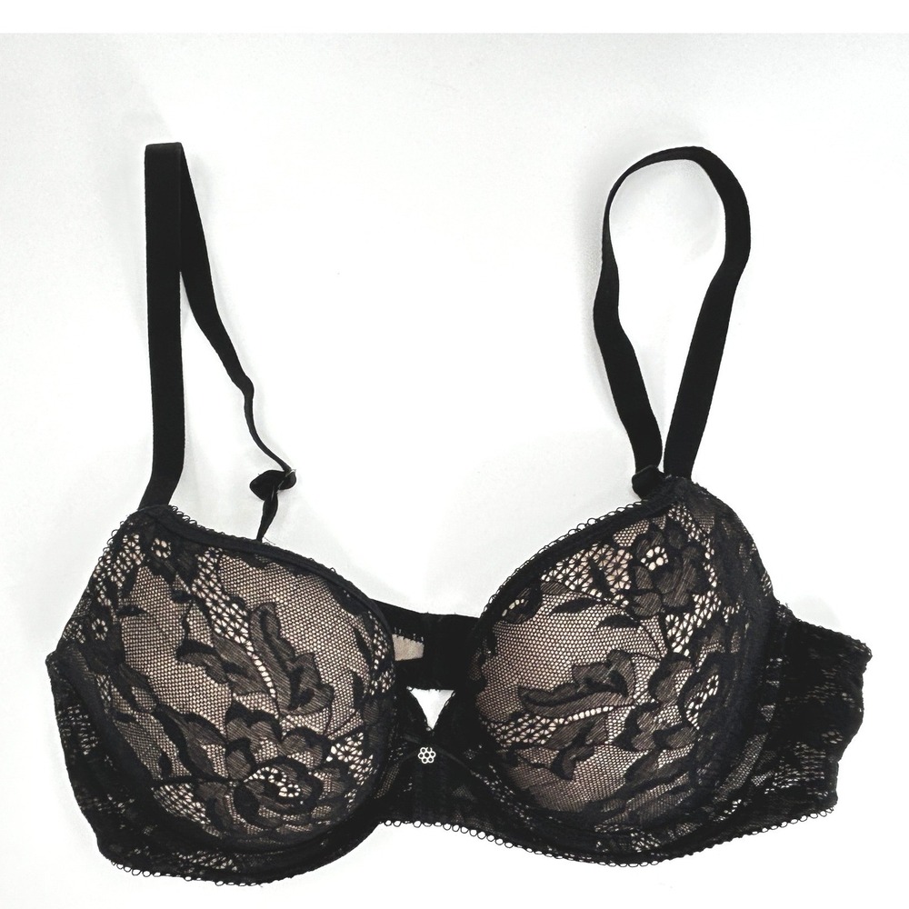 Wacoal Womens Lined Underwire Bra 32C Nude Black Lace Overlay Sexy Classic Femme - Picture 1 of 6